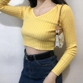 V Neck Fitted Rib Crop Knitted Sweater